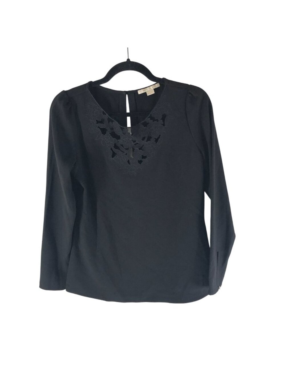 Cooper & Ella Black Long Sleeve Blouse With Floral Cutout Neckline Size S